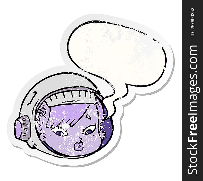 cartoon astronaut face with speech bubble distressed distressed old sticker. cartoon astronaut face with speech bubble distressed distressed old sticker
