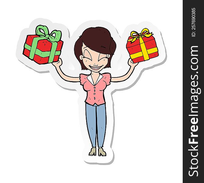 sticker of a cartoon woman carrying gifts