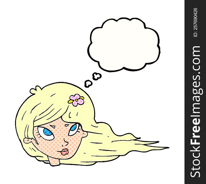 freehand drawn thought bubble cartoon woman with blowing hair