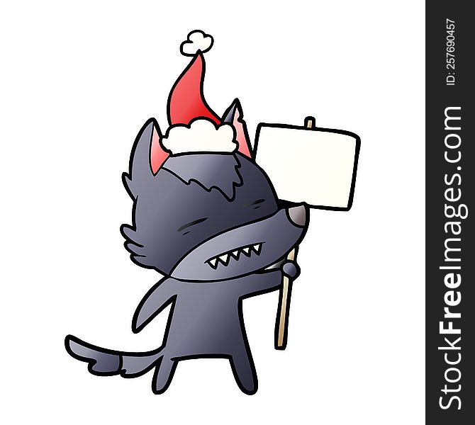 hand drawn gradient cartoon of a wolf with sign post showing teeth wearing santa hat