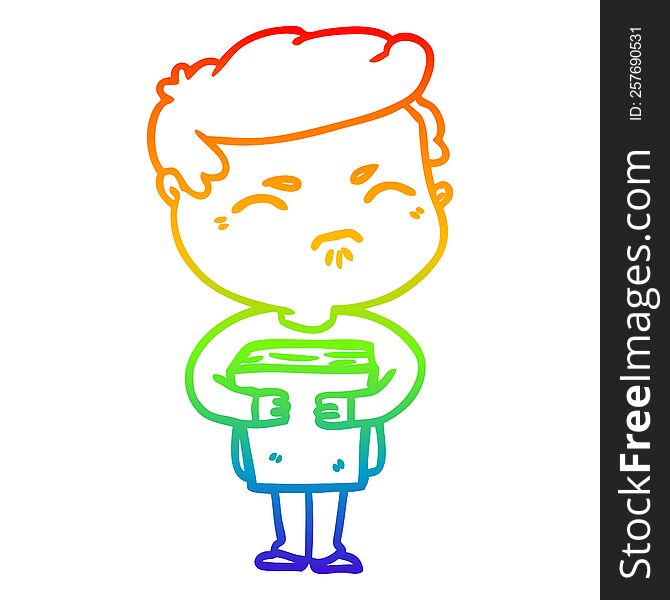 rainbow gradient line drawing of a cartoon annoyed man with book