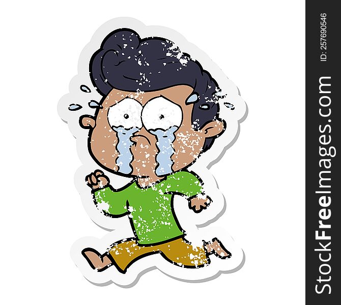 distressed sticker of a cartoon crying man running