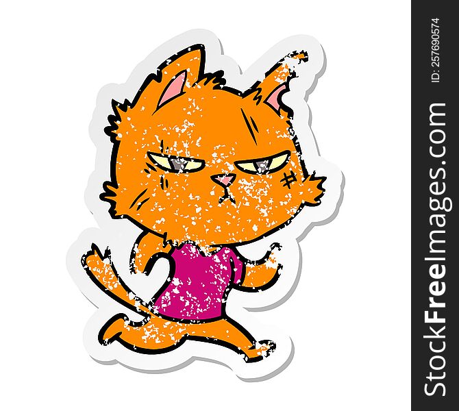 Distressed Sticker Of A Tough Cartoon Cat Running