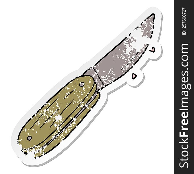 distressed sticker of a cartoon folding knife