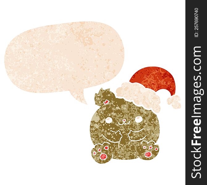 Cute Cartoon Christmas Bear And Speech Bubble In Retro Textured Style
