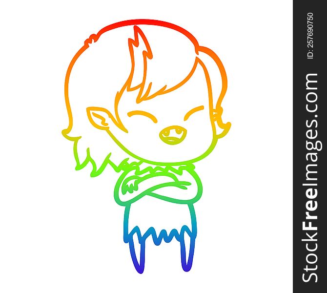 rainbow gradient line drawing of a cartoon laughing vampire girl