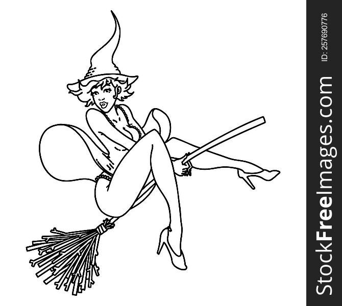 tattoo in black line style of a pinup witch. tattoo in black line style of a pinup witch