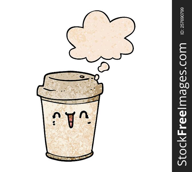 cartoon take out coffee with thought bubble in grunge texture style. cartoon take out coffee with thought bubble in grunge texture style