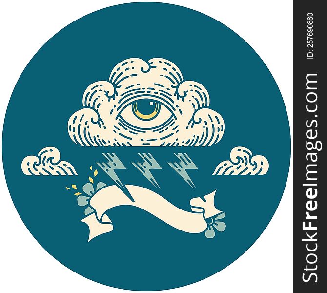 tattoo style icon with banner of an all seeing eye cloud