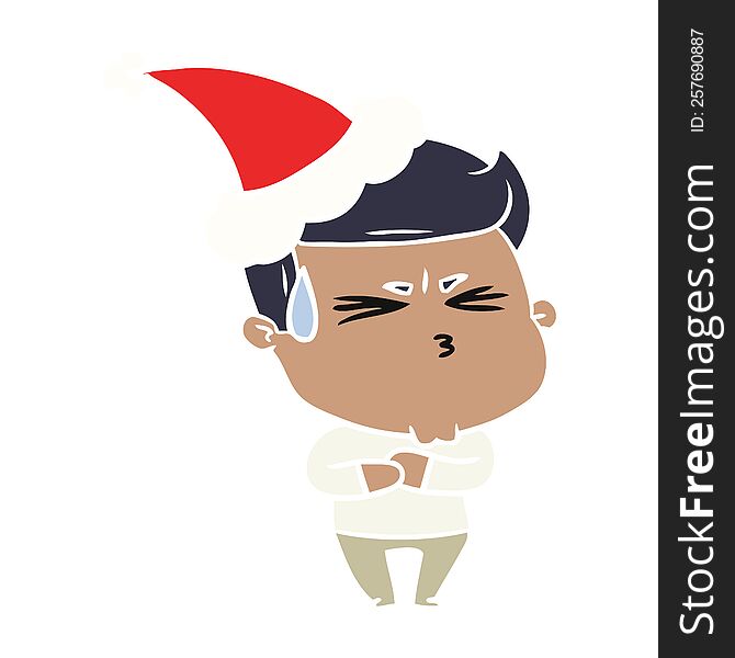 hand drawn flat color illustration of a frustrated man wearing santa hat