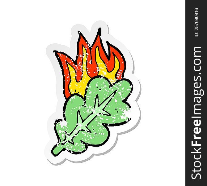 retro distressed sticker of a cartoon burning eaf symbol