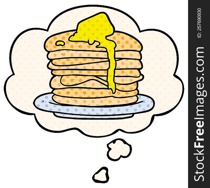 Cartoon Stack Of Pancakes And Thought Bubble In Comic Book Style