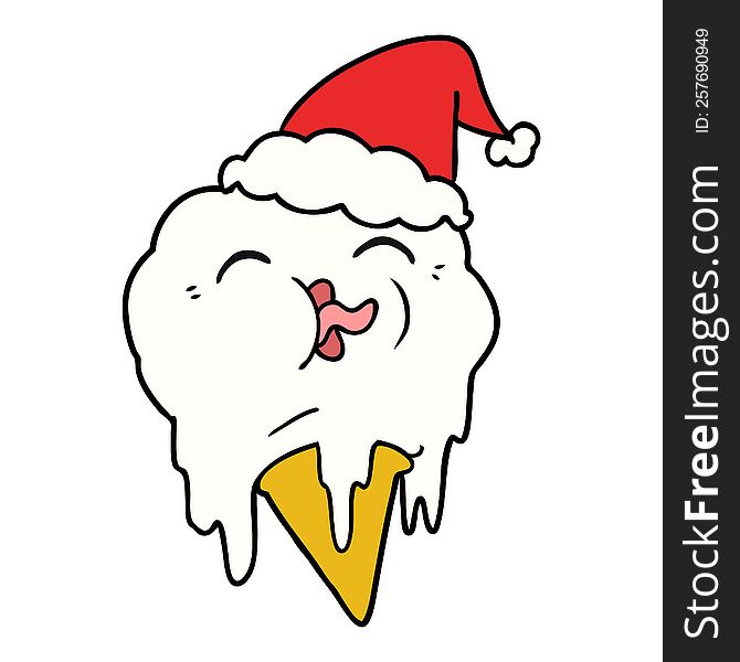 hand drawn line drawing of a melting ice cream wearing santa hat