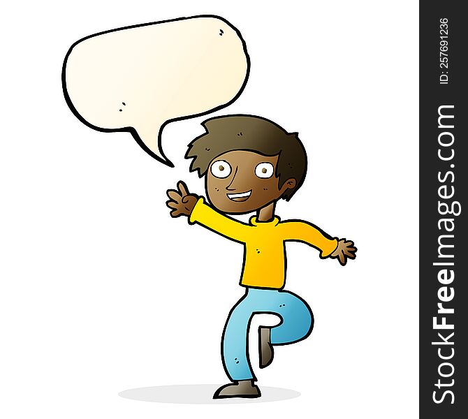 Cartoon Excited Boy Dancing With Speech Bubble