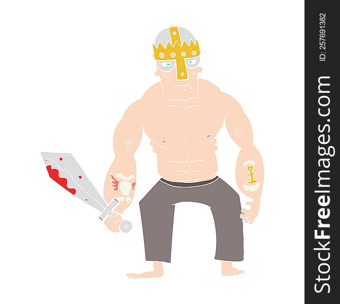 Flat Color Illustration Of A Cartoon Warrior With Sword