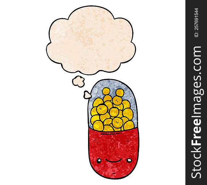 cartoon pill with thought bubble in grunge texture style. cartoon pill with thought bubble in grunge texture style