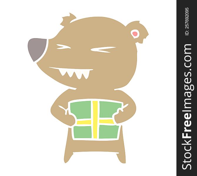 angry bear flat color style cartoon with gift