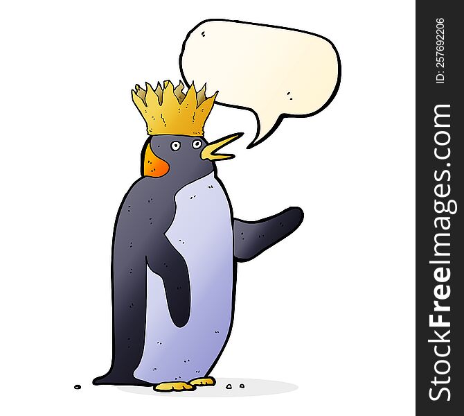 cartoon emperor penguin waving with speech bubble