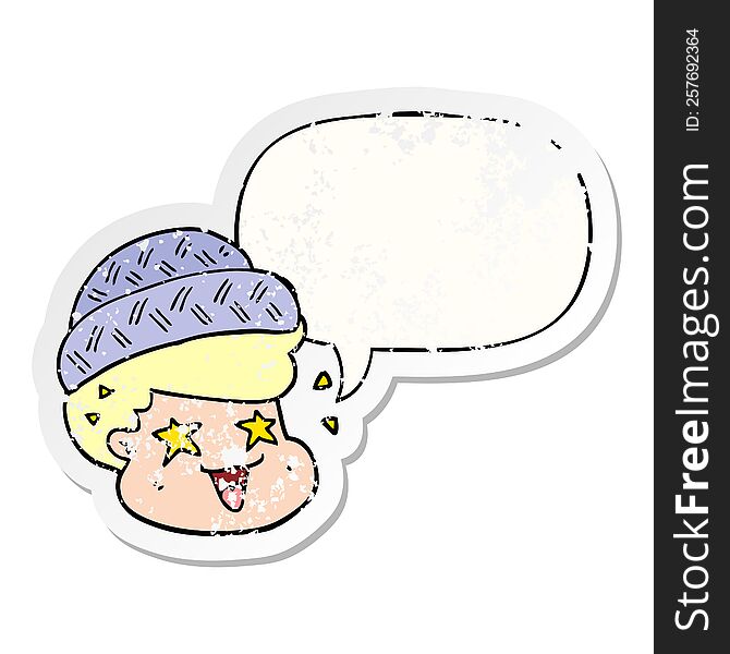 cartoon boy wearing hat with speech bubble distressed distressed old sticker. cartoon boy wearing hat with speech bubble distressed distressed old sticker
