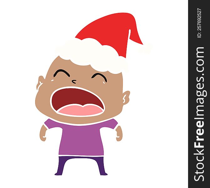 flat color illustration of a shouting bald man wearing santa hat