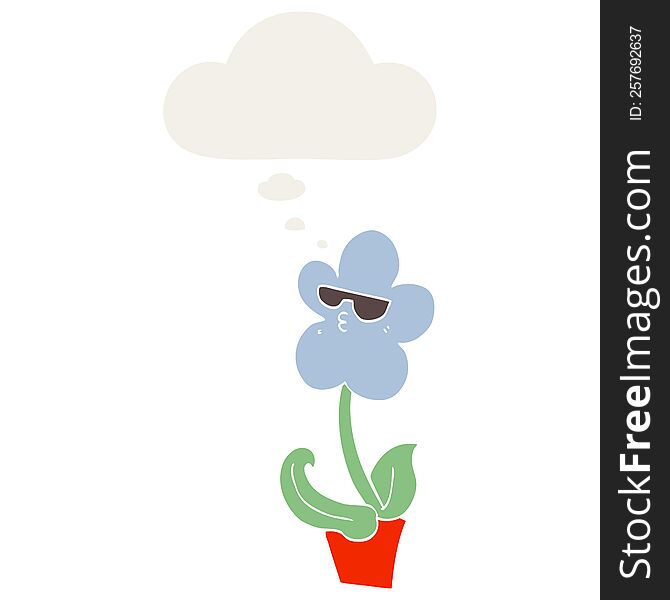 cool cartoon flower with thought bubble in retro style