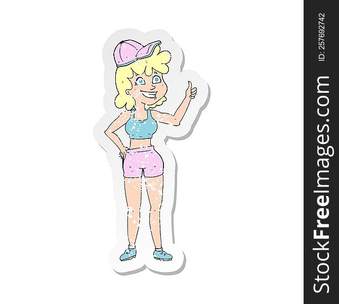 retro distressed sticker of a happy gym woman giving thumbs up symbol