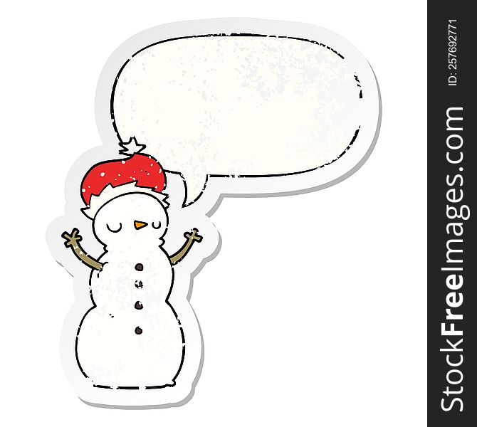 cartoon snowman with speech bubble distressed distressed old sticker. cartoon snowman with speech bubble distressed distressed old sticker