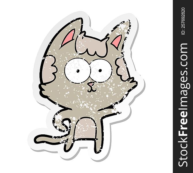 Distressed Sticker Of A Happy Cartoon Cat Pointing