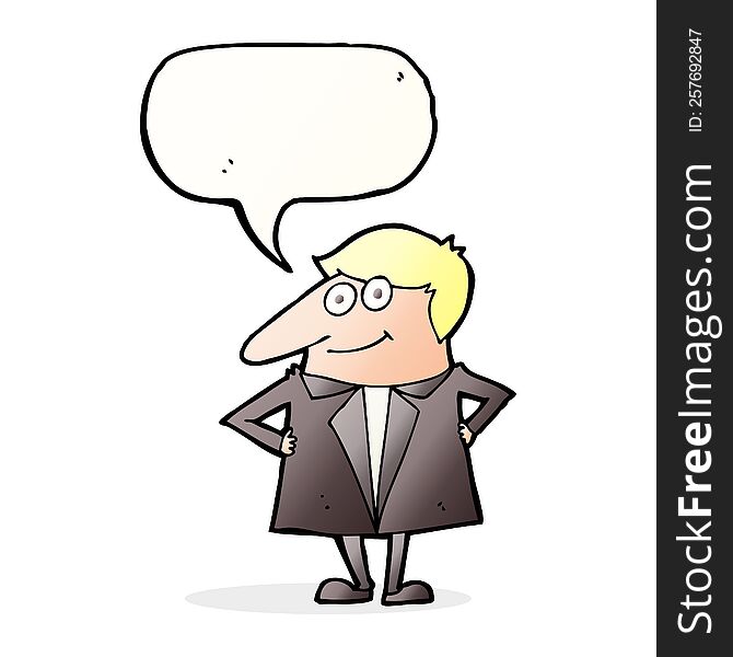 cartoon happy man in suit with speech bubble