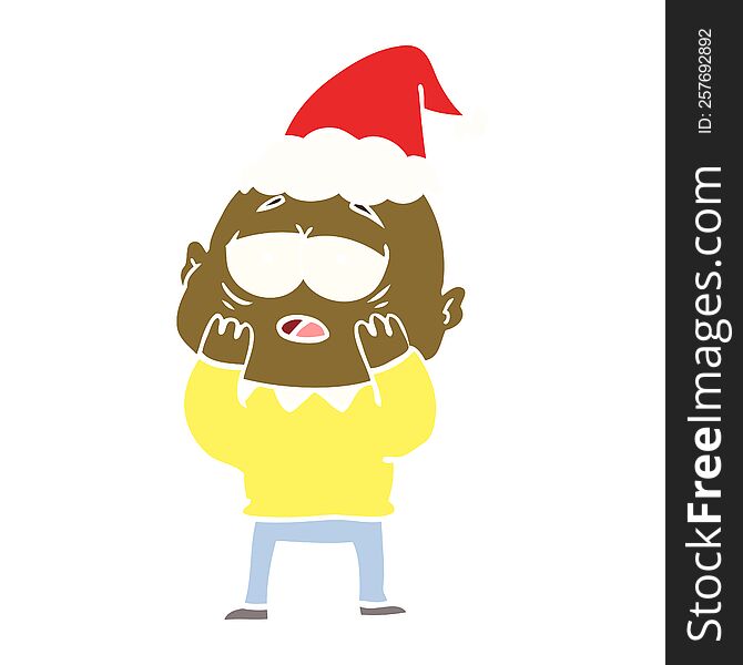 hand drawn flat color illustration of a tired bald man wearing santa hat