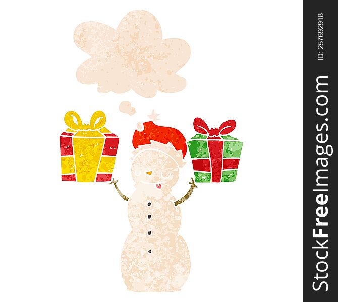 Cartoon Snowman With Present And Thought Bubble In Retro Textured Style