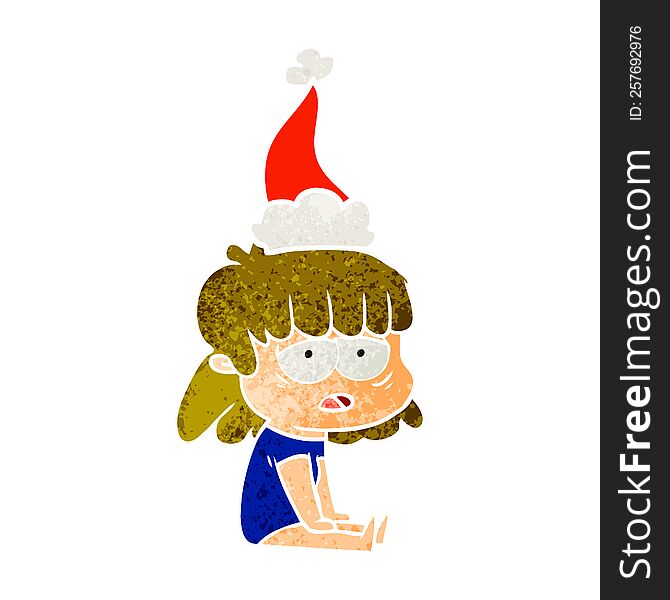 hand drawn retro cartoon of a tired woman wearing santa hat