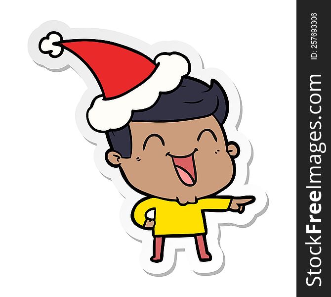hand drawn sticker cartoon of a man laughing wearing santa hat