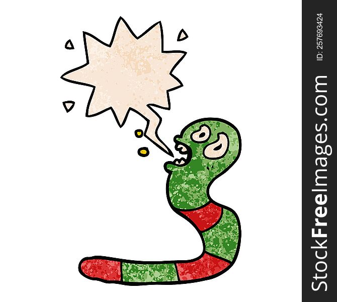 cartoon frightened worm with speech bubble in retro texture style