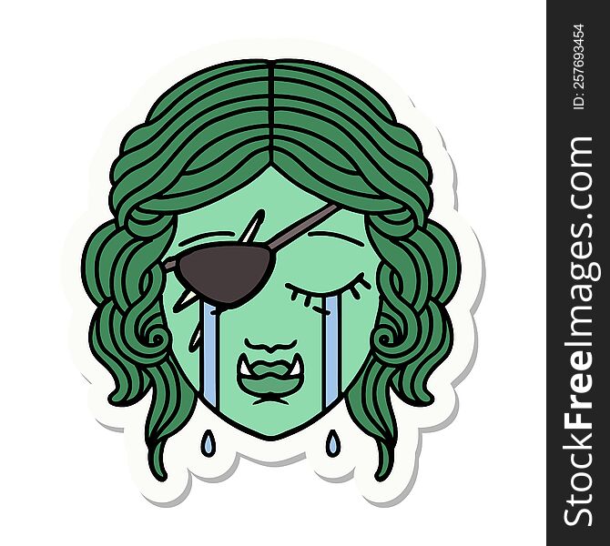 sticker of a crying half orc rogue character face. sticker of a crying half orc rogue character face