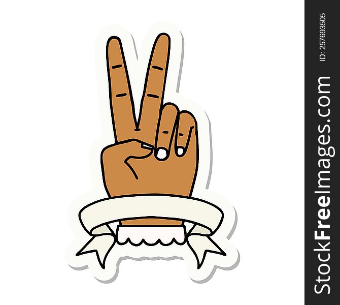 sticker of a peace two finger hand gesture with banner. sticker of a peace two finger hand gesture with banner