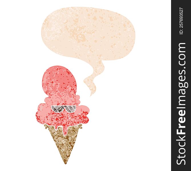 Cartoon Cool Ice Cream And Speech Bubble In Retro Textured Style
