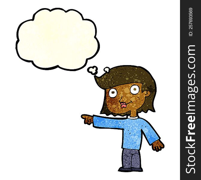 cartoon pointing person with thought bubble