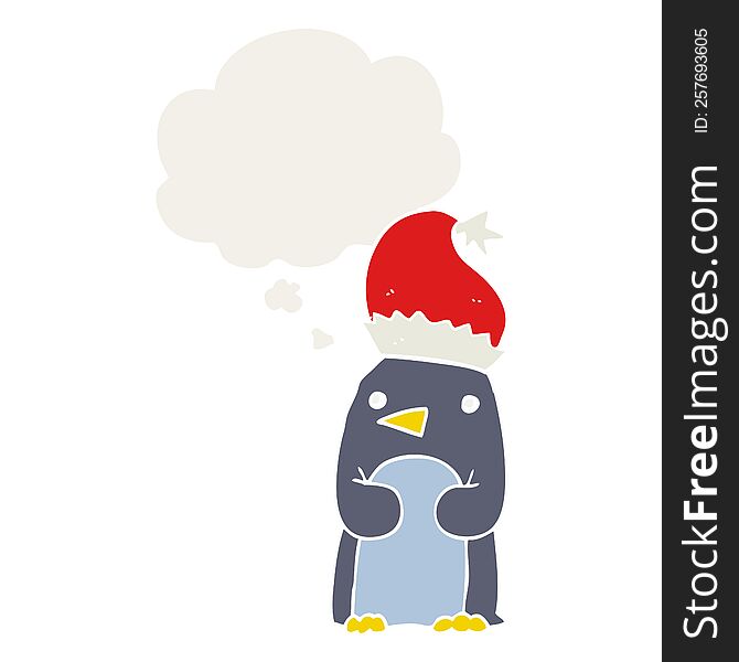 Cute Christmas Penguin And Thought Bubble In Retro Style