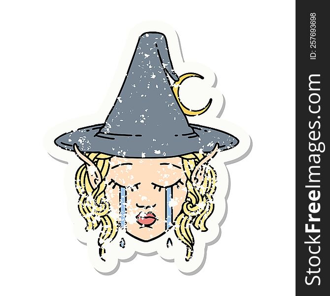 grunge sticker of a crying elf mage character face. grunge sticker of a crying elf mage character face