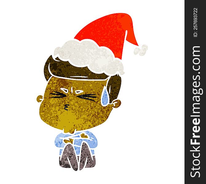 Retro Cartoon Of A Man Sweating Wearing Santa Hat