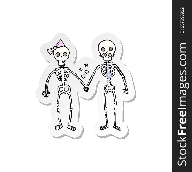 Retro Distressed Sticker Of A Cartoon Skeletons In Love