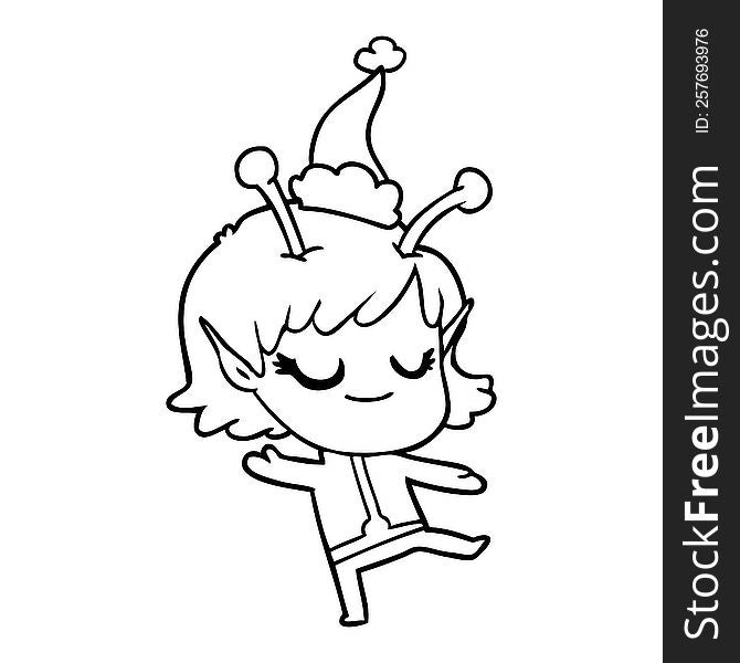 smiling alien girl line drawing of a wearing santa hat