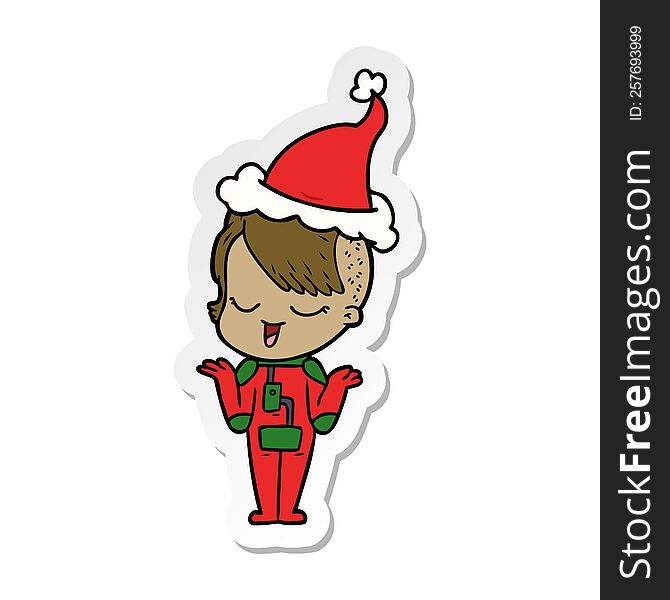 happy hand drawn sticker cartoon of a girl in space suit wearing santa hat. happy hand drawn sticker cartoon of a girl in space suit wearing santa hat