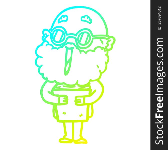 cold gradient line drawing of a cartoon joyful man with beard and book