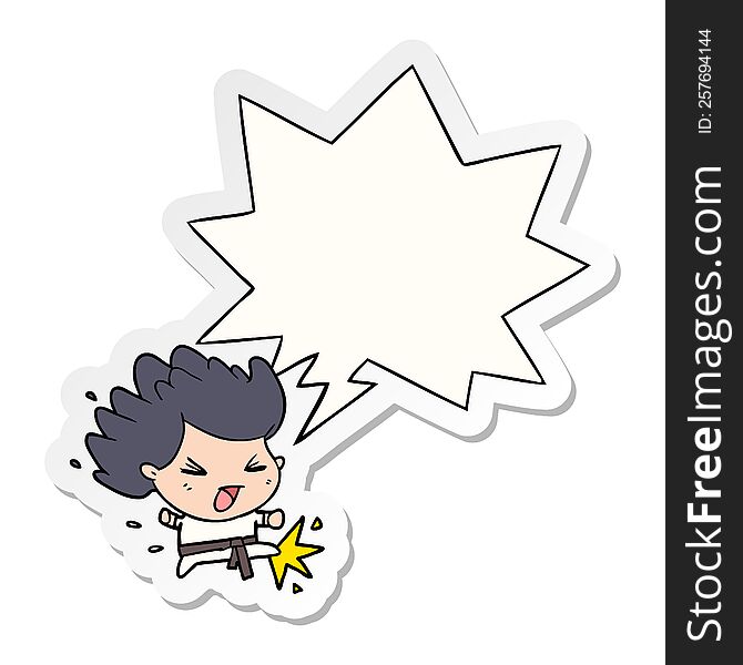 Cute Cartoon Kicking Karate Champion And Speech Bubble Sticker