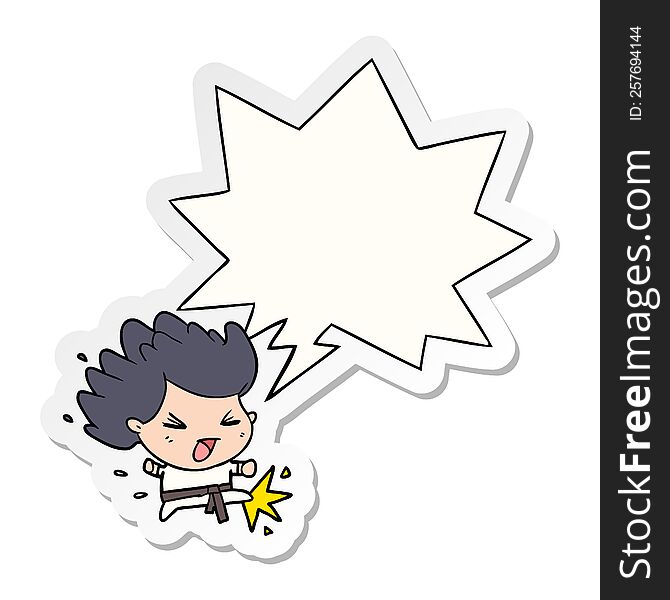 cute cartoon kicking karate champion and speech bubble sticker