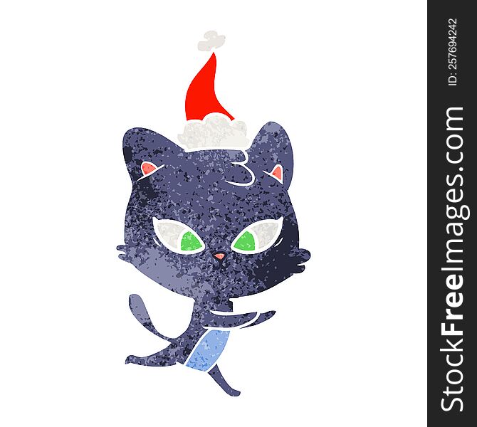 Cute Retro Cartoon Of A Cat Wearing Santa Hat