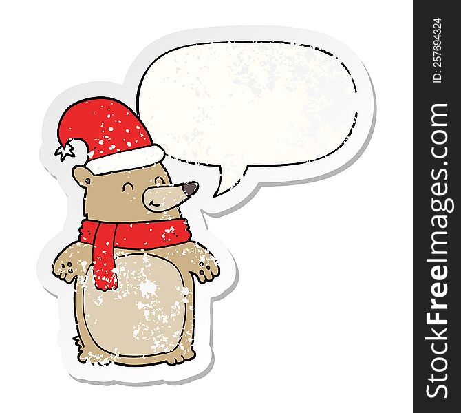 Cartoon Christmas Bear And Speech Bubble Distressed Sticker