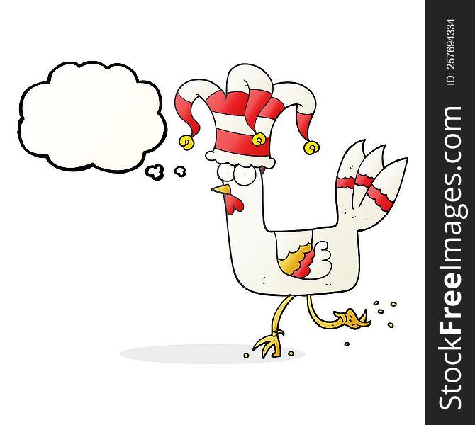 freehand drawn thought bubble cartoon chicken running in funny hat